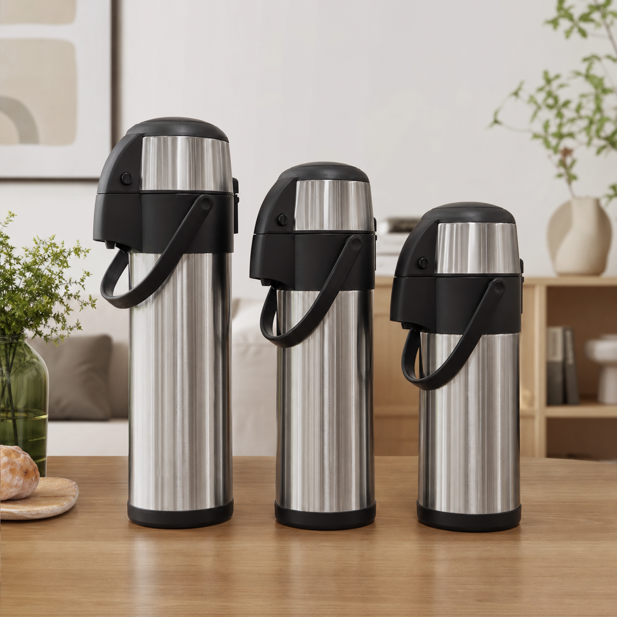 Three silver stainless steel flasks with black tops and handles, in three sizes, on a wooden table