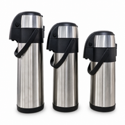 Three silver stainless steel flasks with black tops and handles, shown in three sizes on a white background