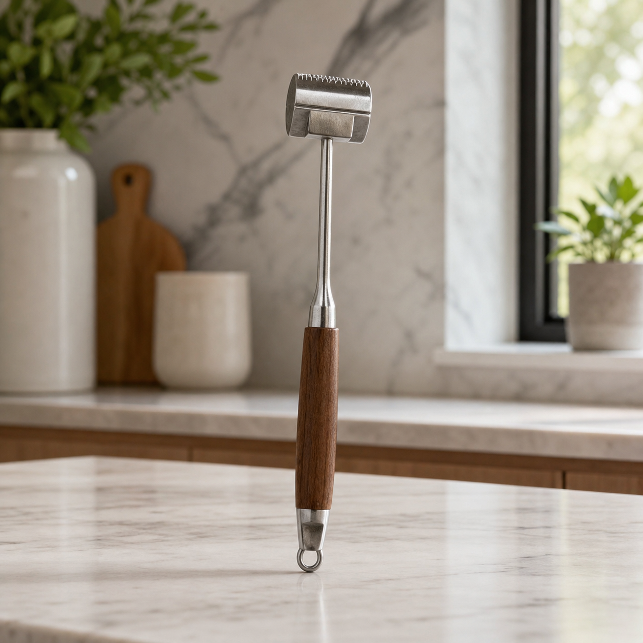 Meat tenderizer mallet with silver stainless steel head and brown wooden handle