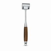 Meat tenderizer mallet with silver stainless steel head and brown wooden handle