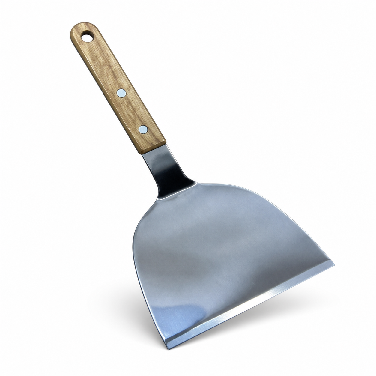 Stainless steel flat turner with silver blade and brown wooden handle