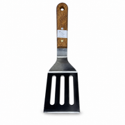 Stainless steel slotted turner with silver blade and brown wooden handle