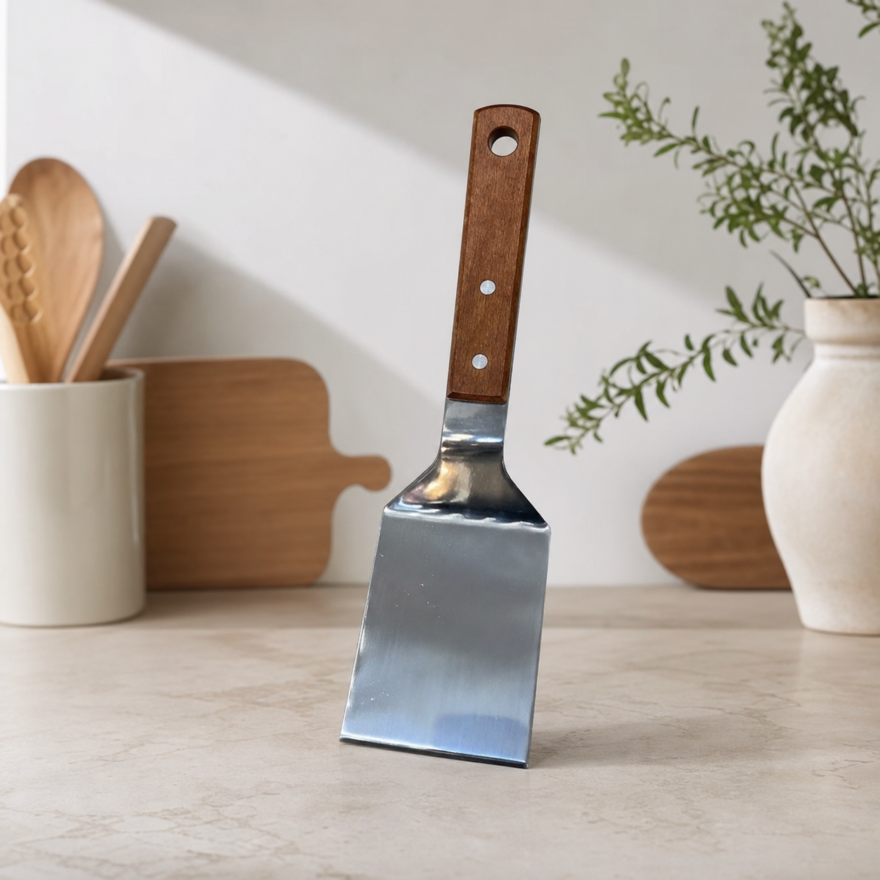 Stainless steel flat scraper with silver blade and brown wooden handle