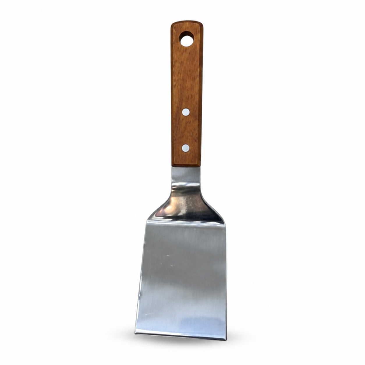 Stainless steel flat scraper with silver blade and brown wooden handle