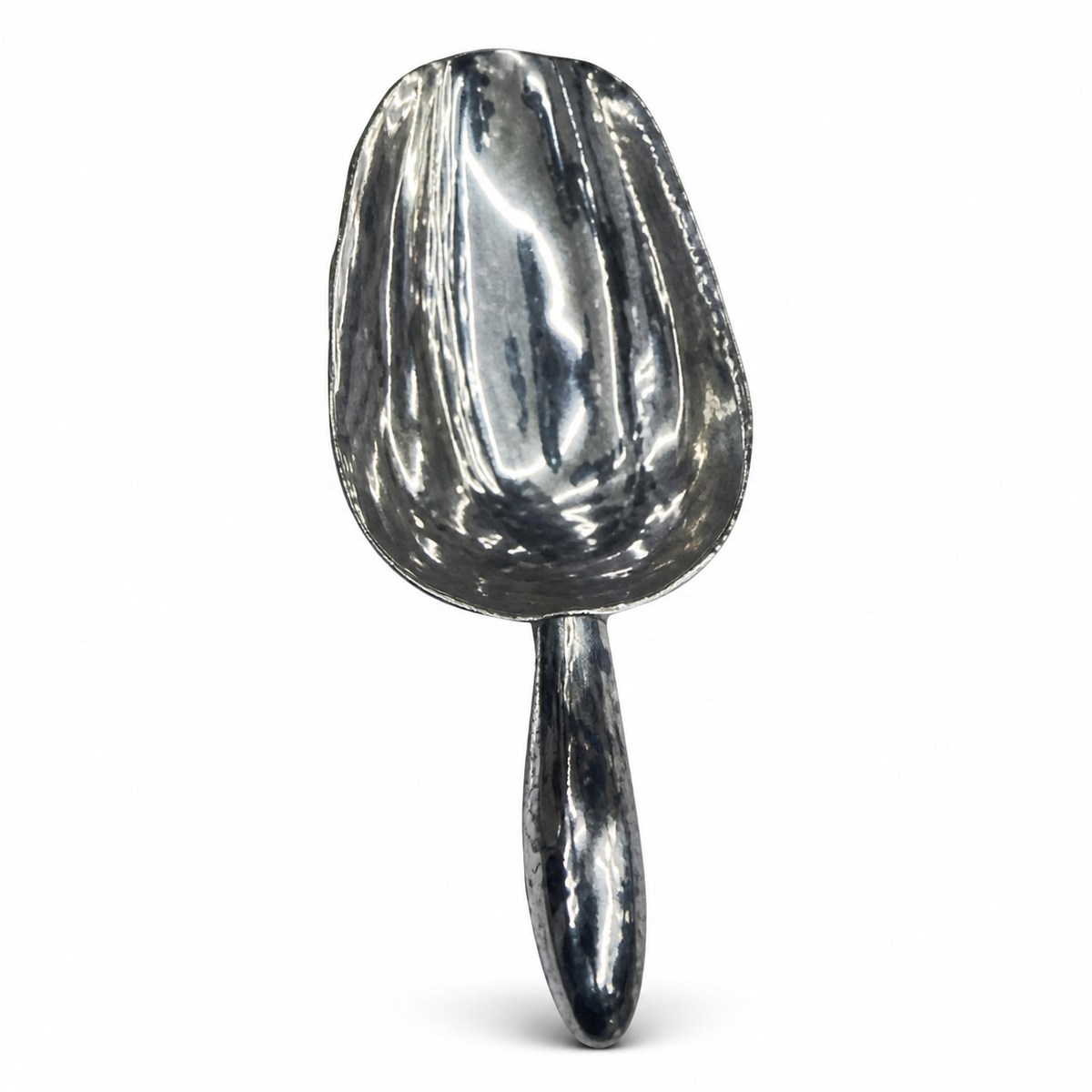 Silver metal ice scoop with a deep rounded bowl and a solid tapered handle, shown upright