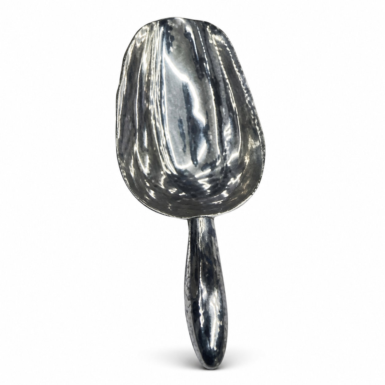 Silver metal ice scoop with a deep rounded bowl and a solid tapered handle, shown upright