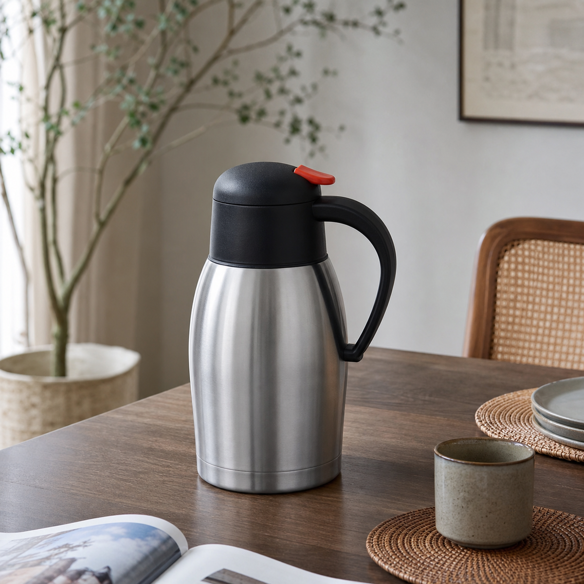 Silver stainless steel flask with black lid and red lever, on a wooden dining table