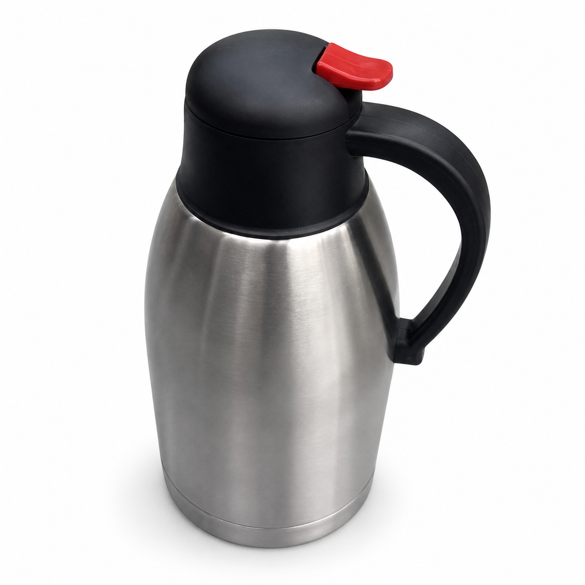 Brushed silver stainless steel flask with black lid, red lid lever and black side handle