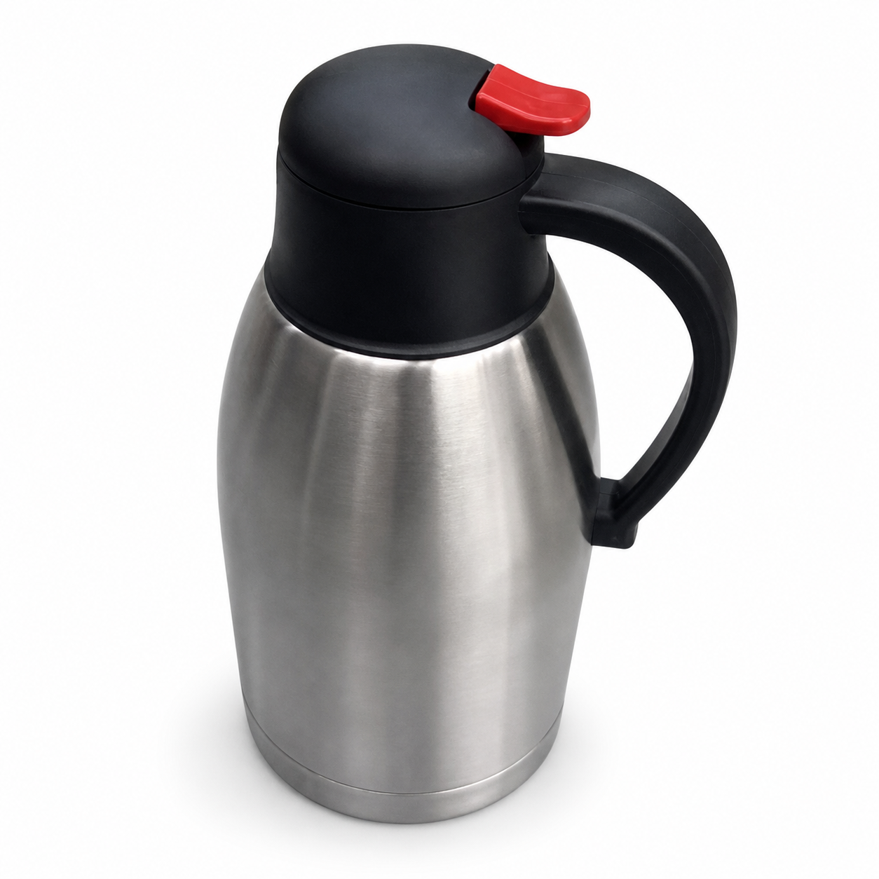 Brushed silver stainless steel flask with black lid, red lid lever and black side handle