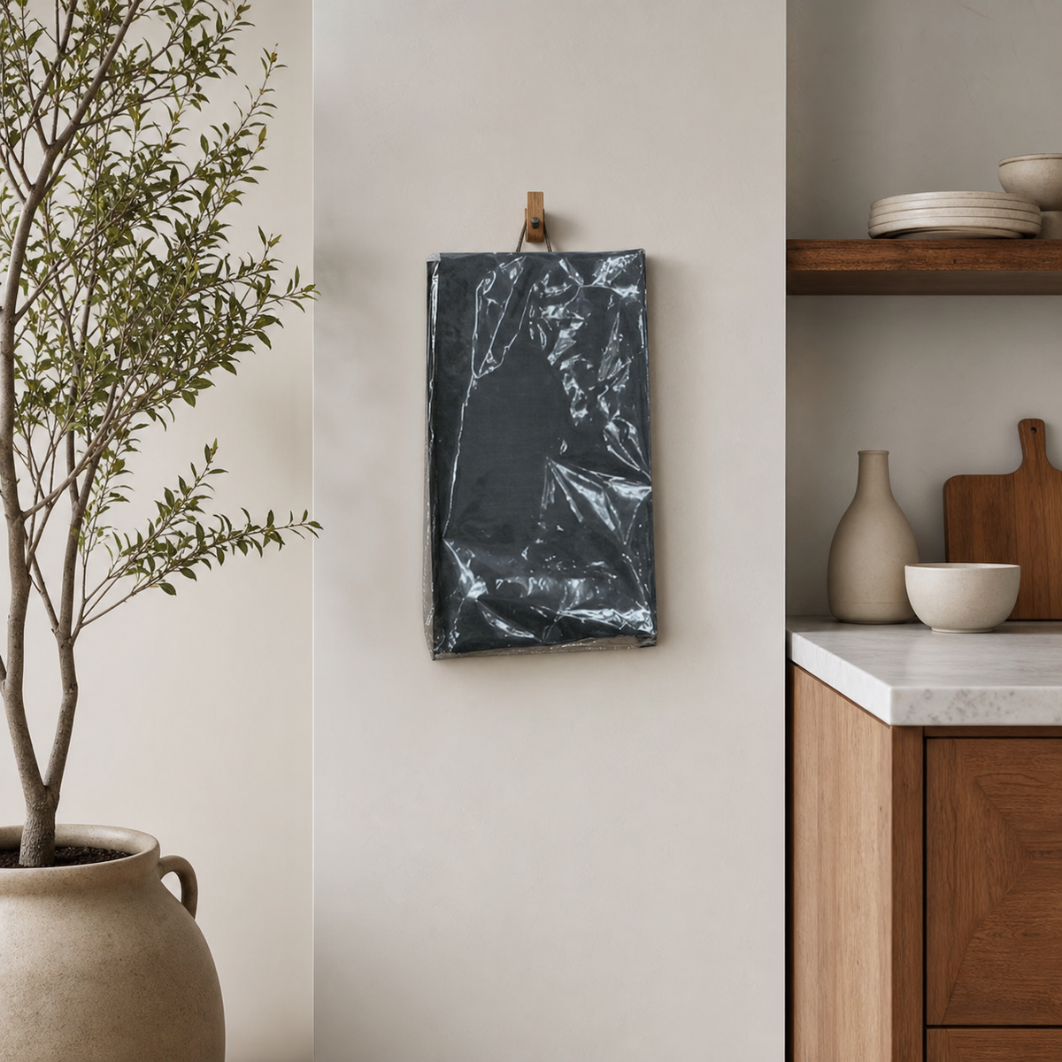 Black textile kitchen apron in sealed clear wrap, hanging from a wooden wall peg in a kitchen