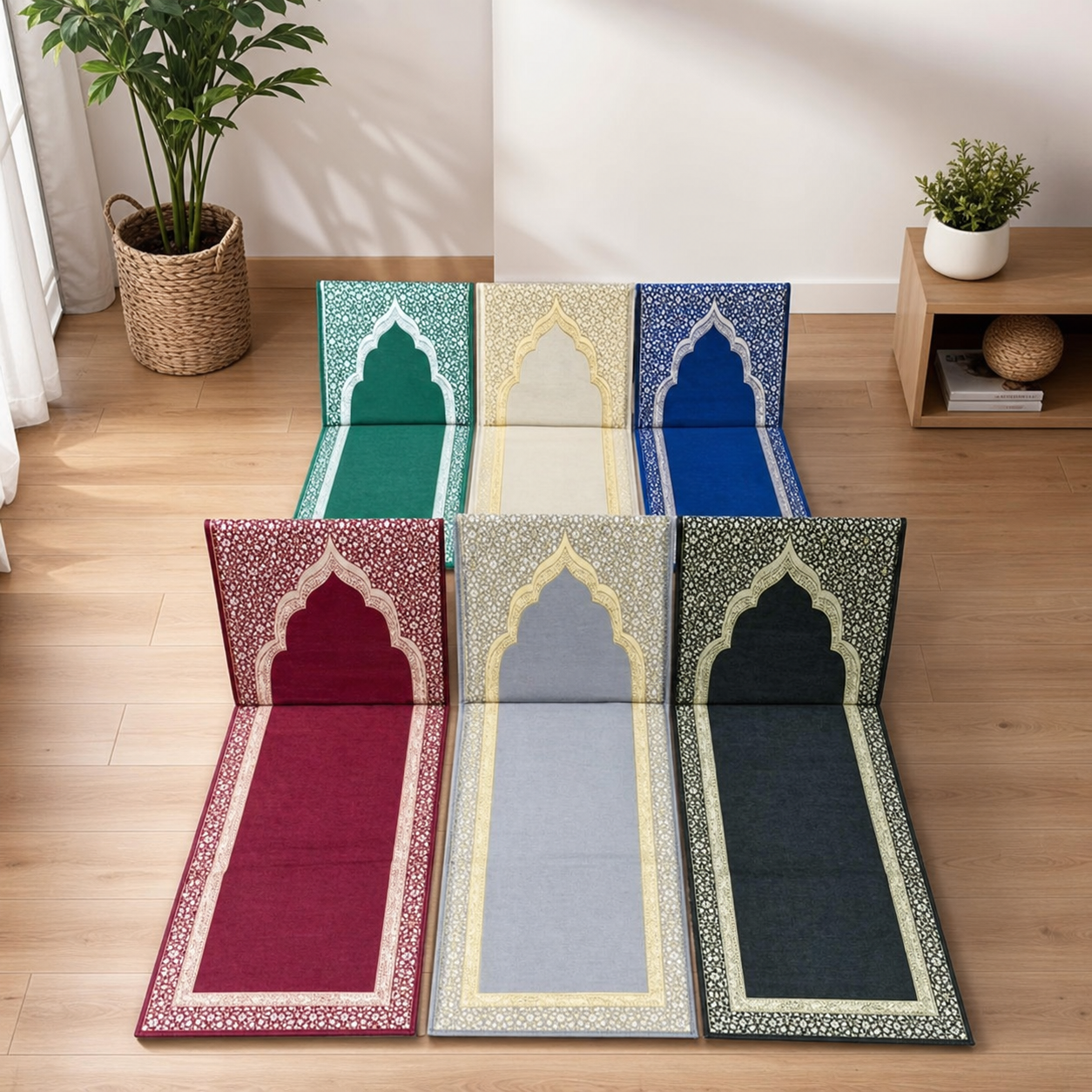 Six folding prayer mats with back panels raised, laid out on a wood floor beside a plant and shelf