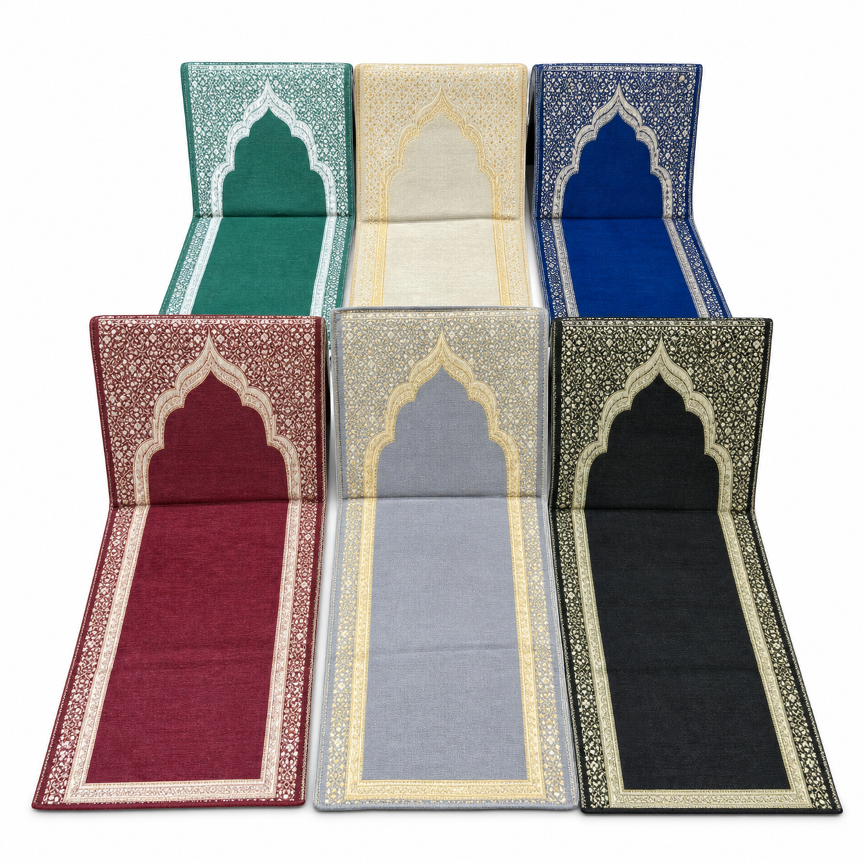 Six woven prayer mats with arch borders and fold-up back panels, in green, cream, blue, burgundy, grey and black
