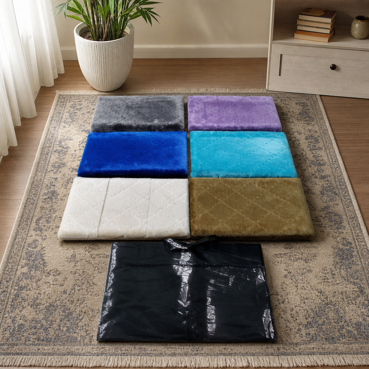 Quilted plush prayer mats in six colours laid on a rug, with a black carry bag lying below them