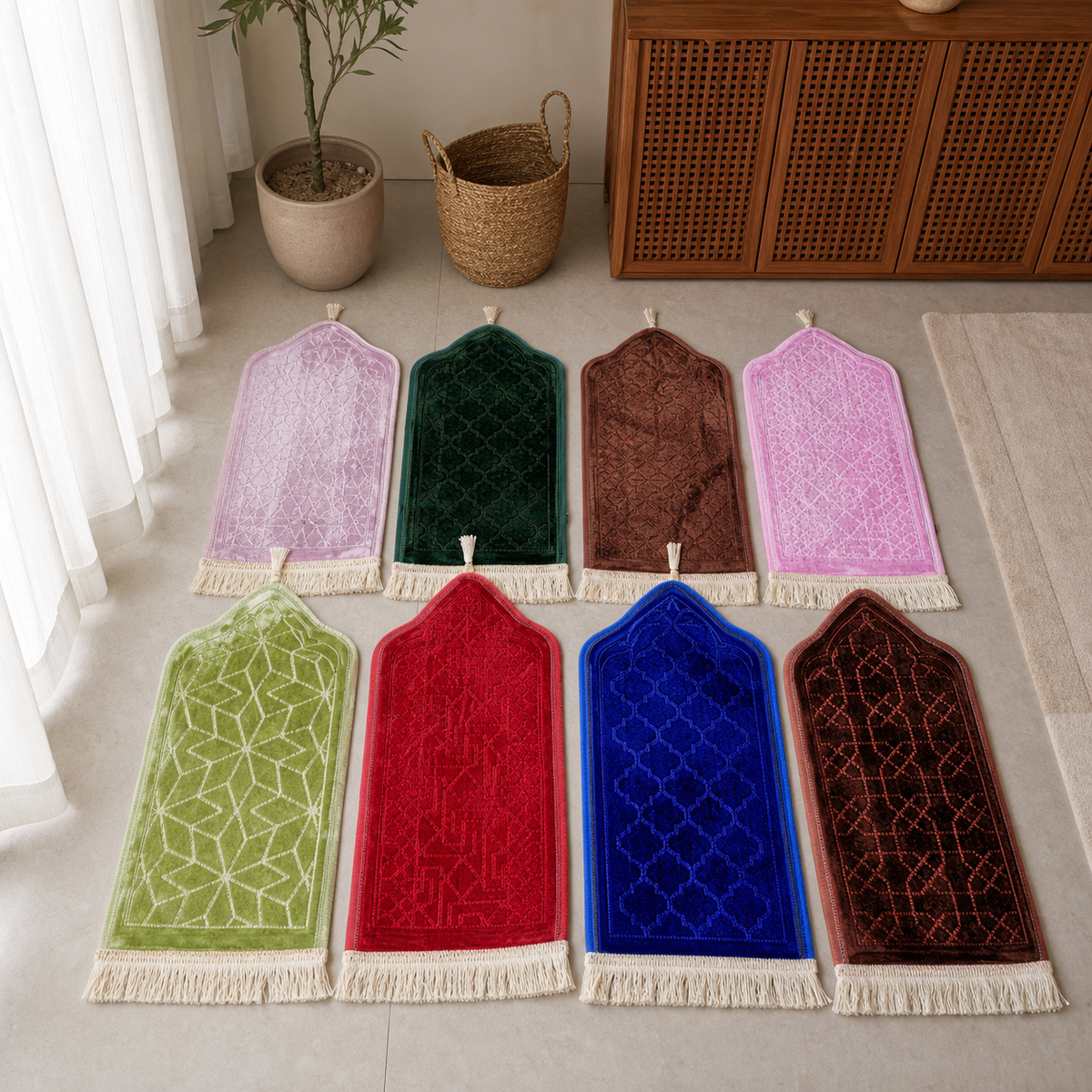Prayer mat with fringe trim, 50 × 95 cm, in assorted colors