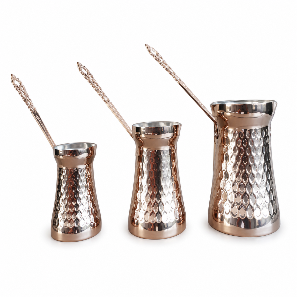 Three-piece textured stainless steel coffee pot set in silver