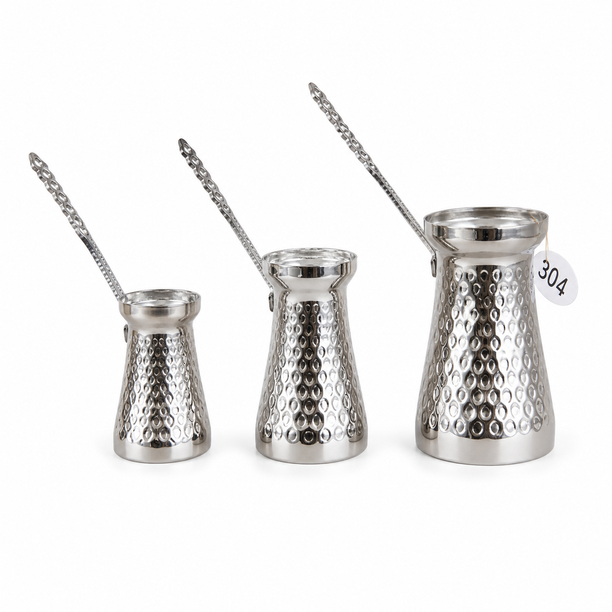 Three-piece coffee pot set in silver, graduated sizes with long chain-link handles