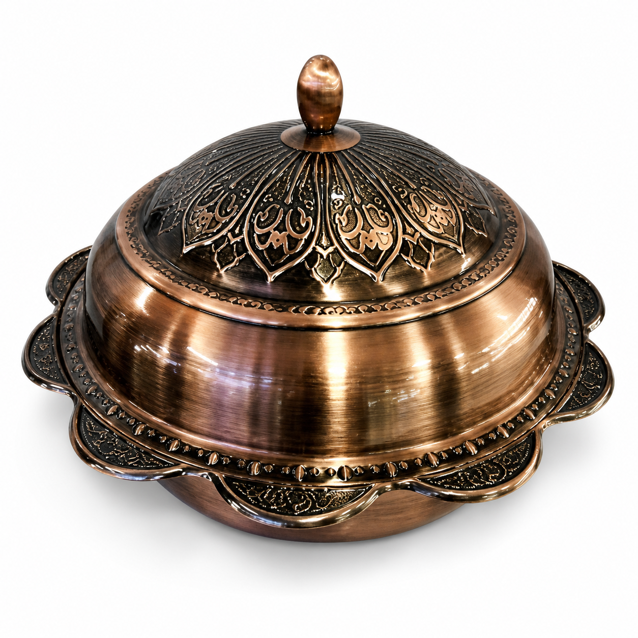 Covered serving dish with a domed lid, in gold-tone and copper