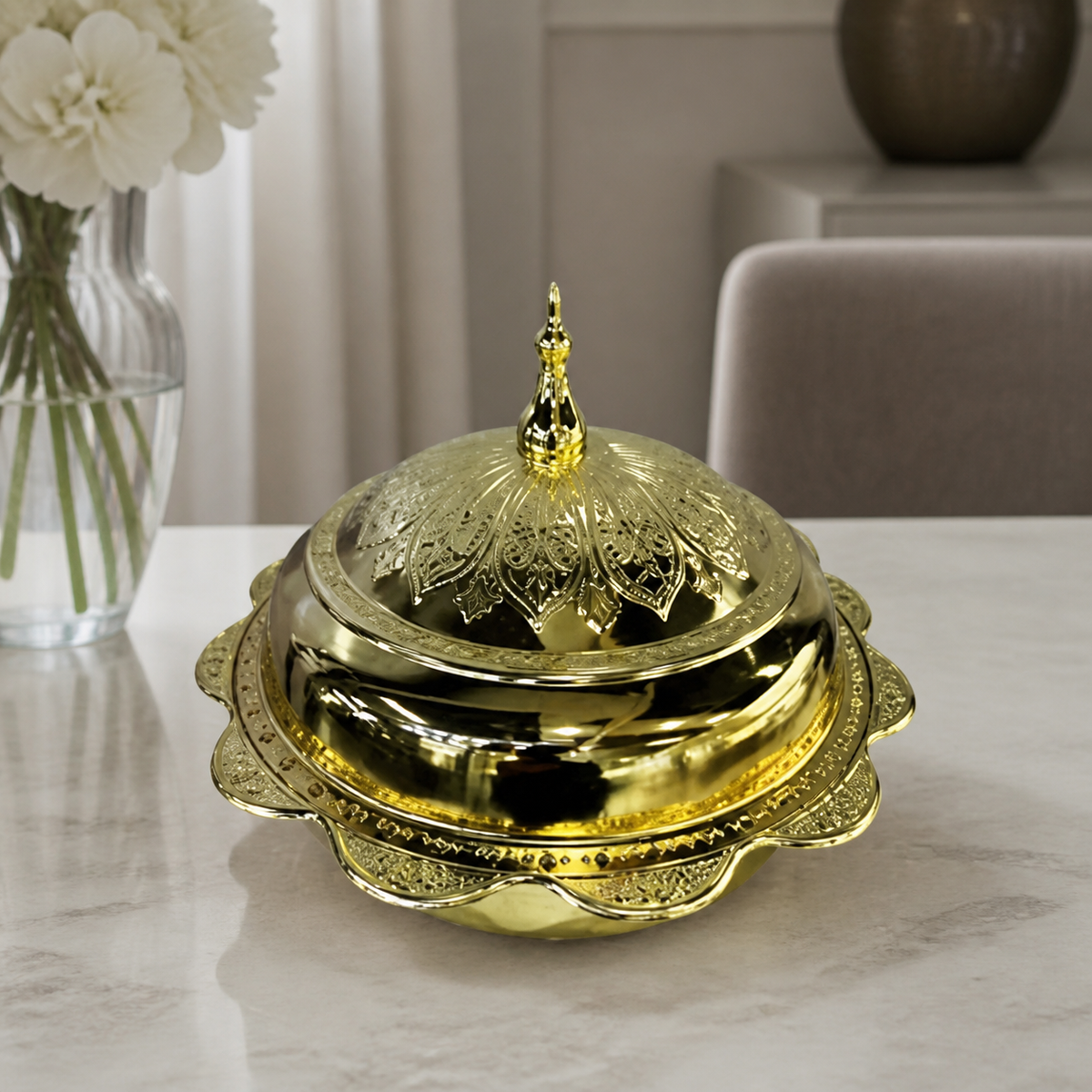 Covered serving dish with a domed lid, in gold-tone and copper