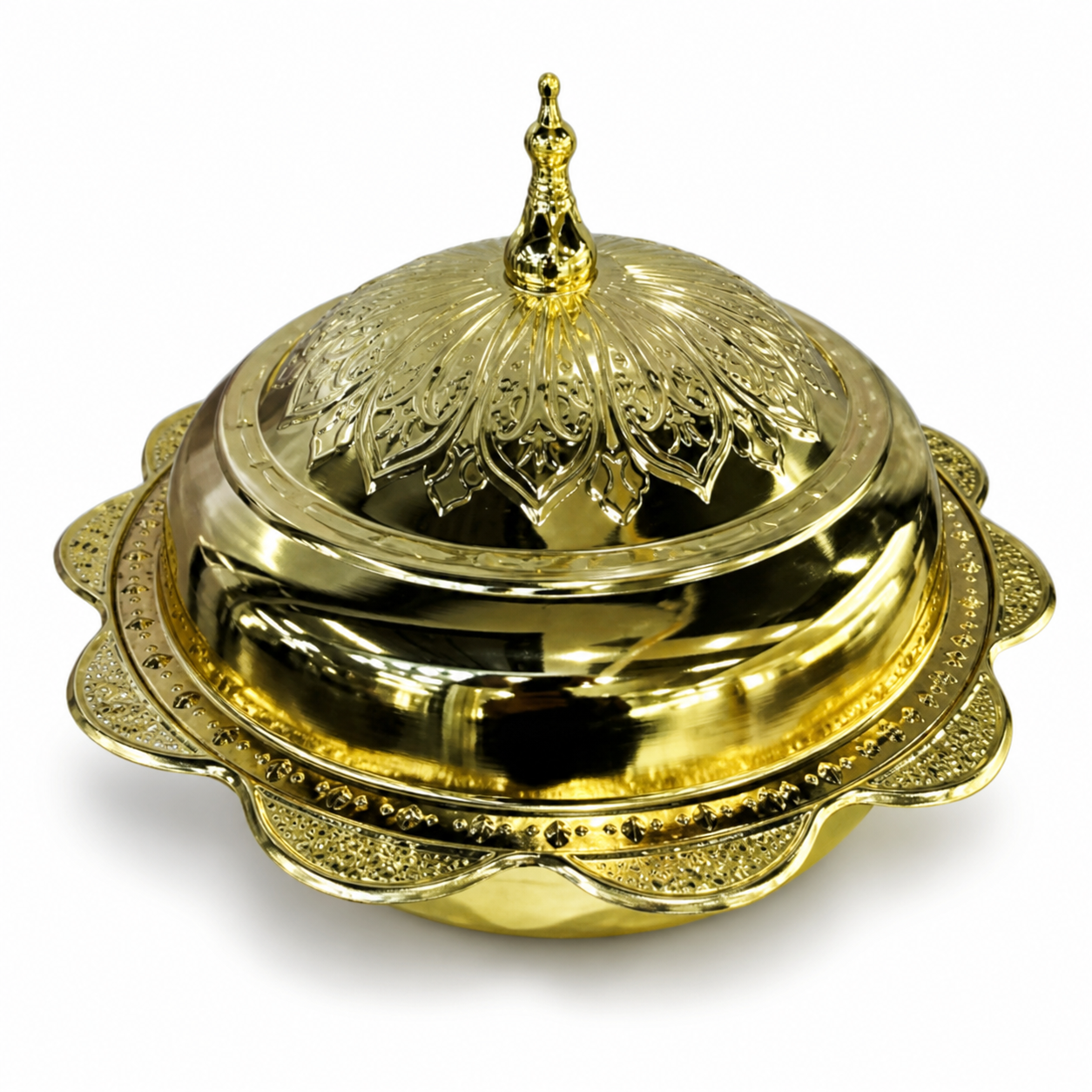 Covered serving dish with a domed lid, in gold-tone and copper
