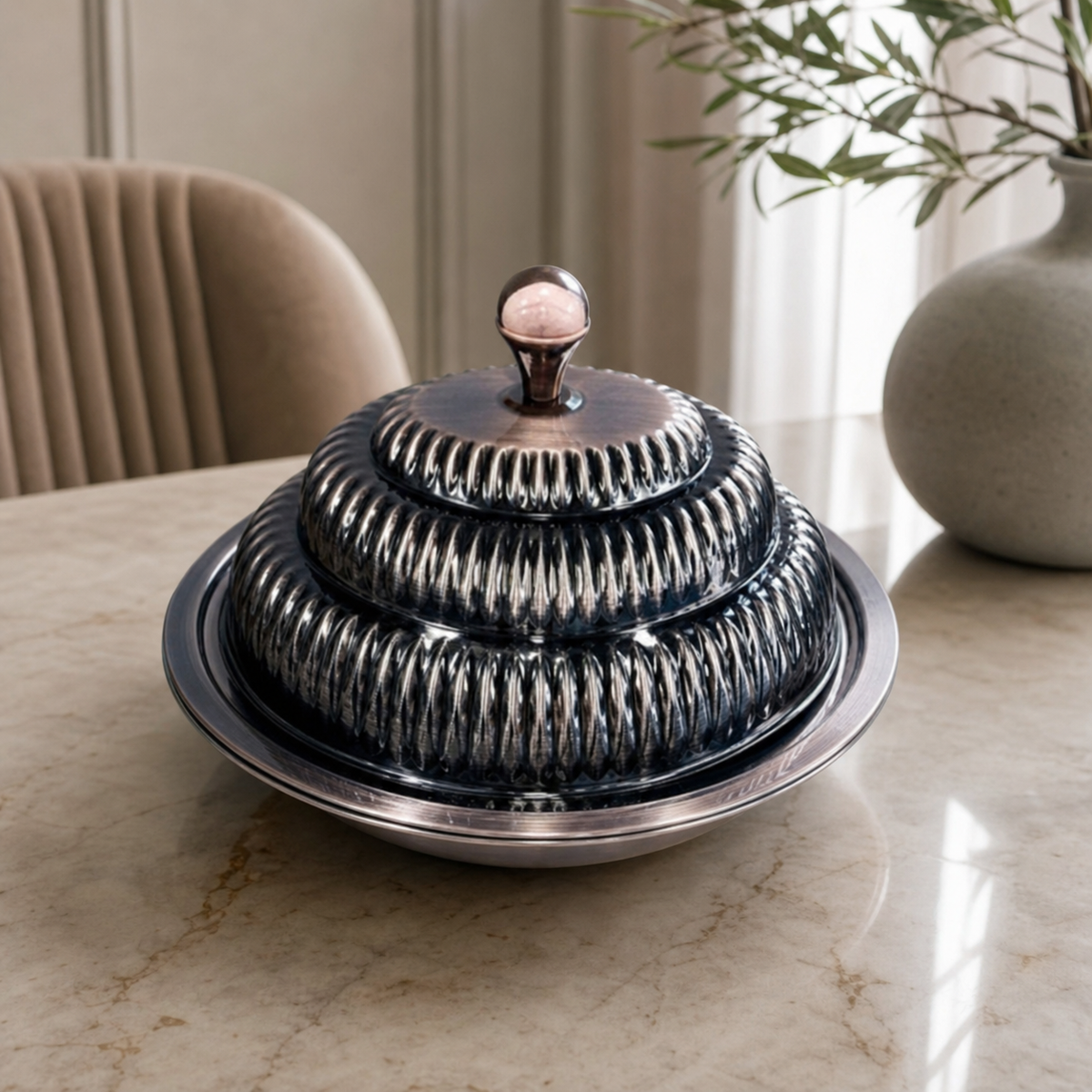 Covered stainless steel serving tray, 50 cm, in dark bronze