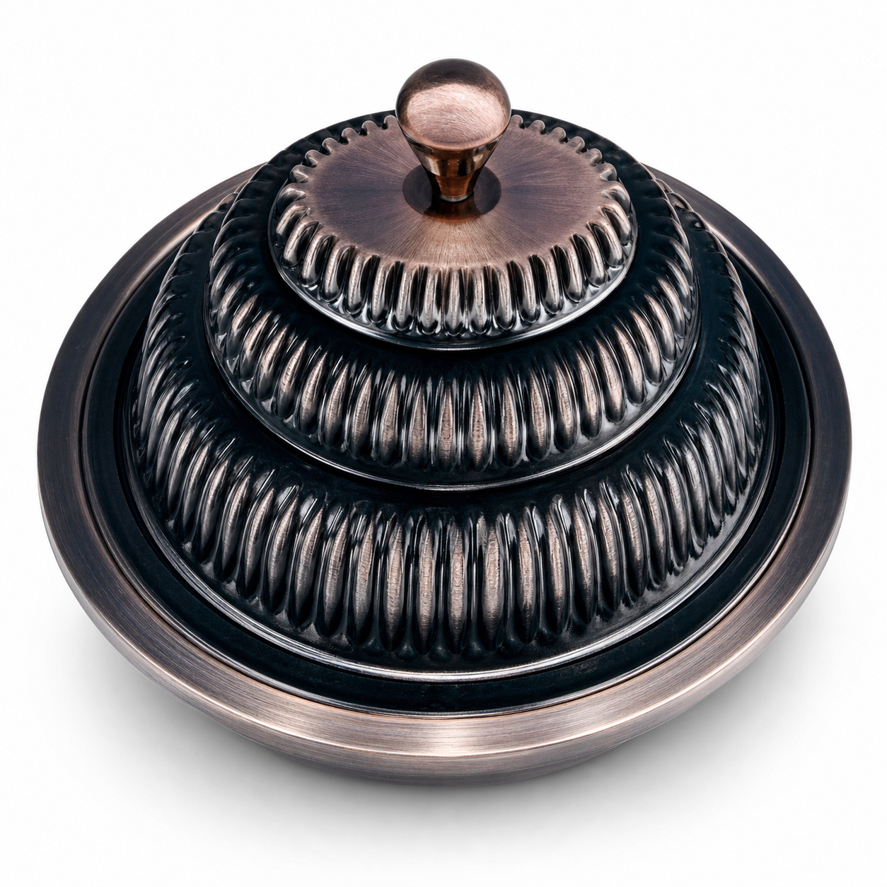 Covered stainless steel serving tray, 50 cm, in dark bronze