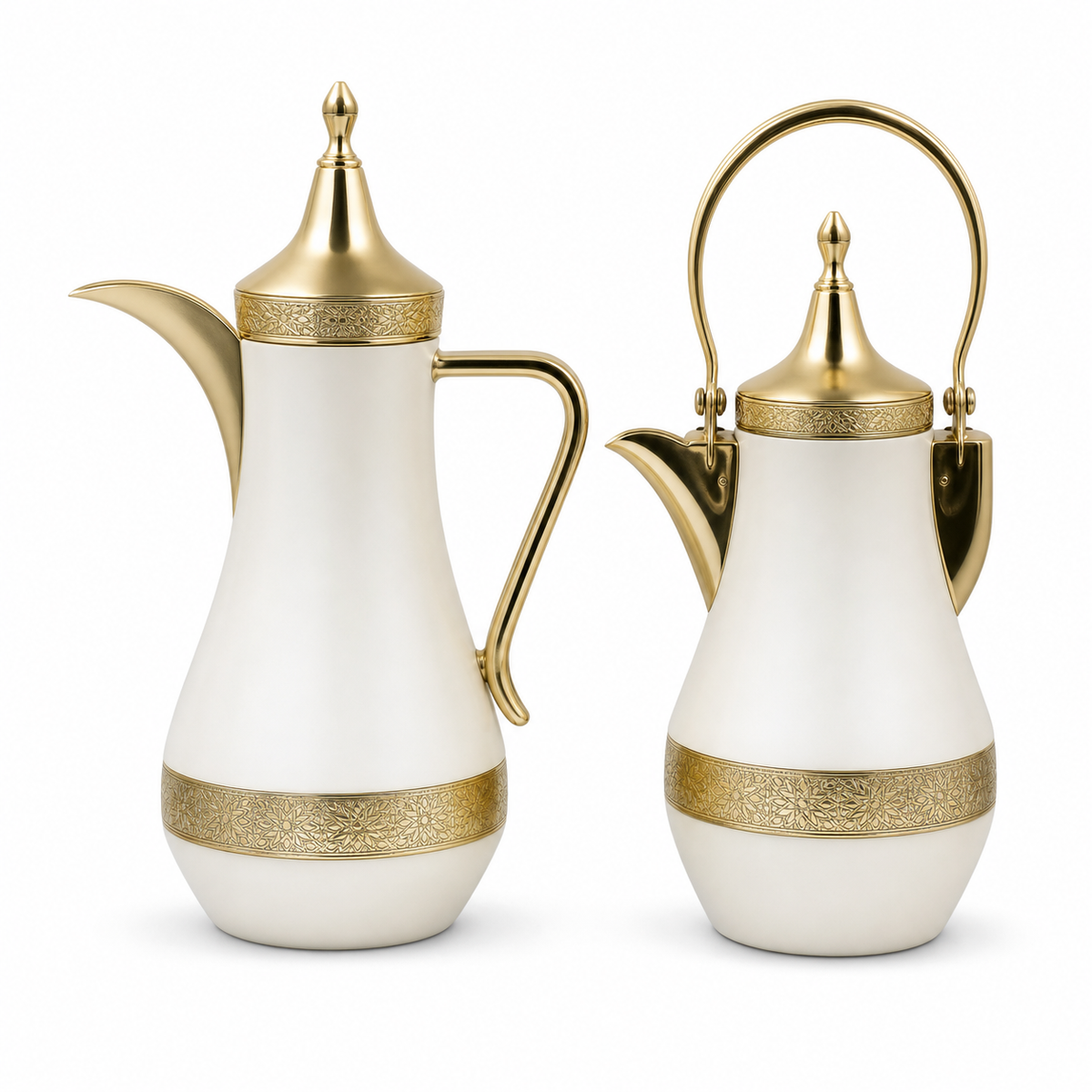 White and gold two-piece flask set: tall spouted flask with side handle beside a shorter swing-handle flask