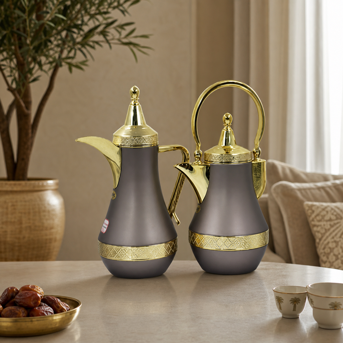 Coffee-brown and gold two-piece flask set on a table: tall spouted flask beside a shorter swing-handle flask