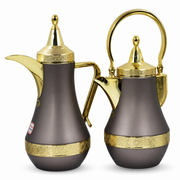 Coffee-brown and gold two-piece flask set: tall spouted flask with side handle beside a shorter swing-handle flask