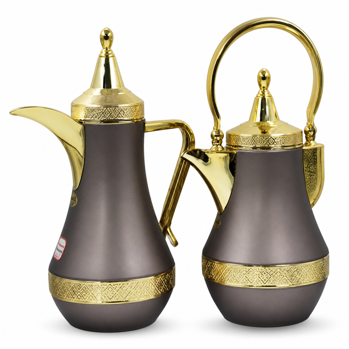 Coffee-brown and gold two-piece flask set: tall spouted flask with side handle beside a shorter swing-handle flask