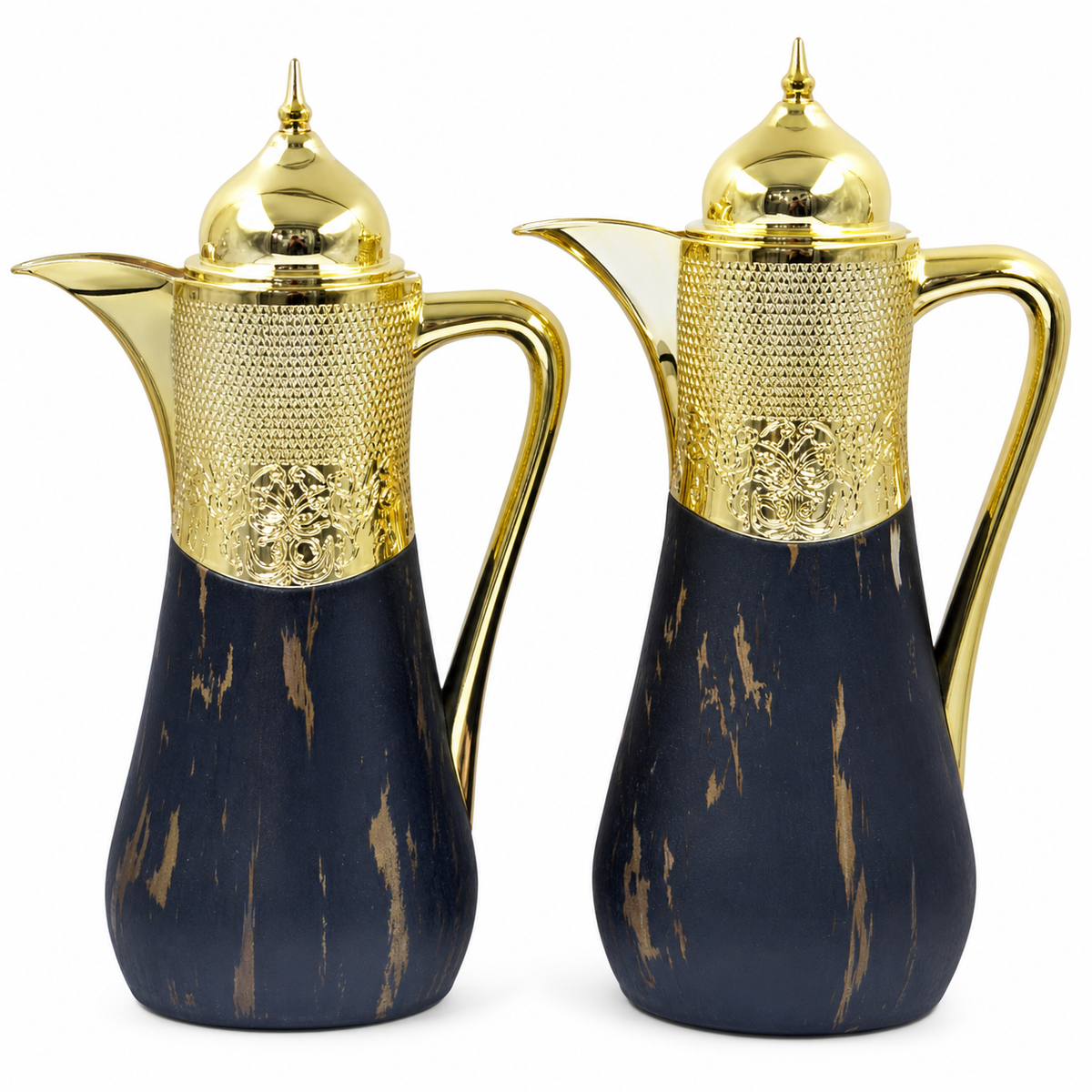 Coffee-brown metal flask gift set with gold lids, 0.7 L and 1.0 L