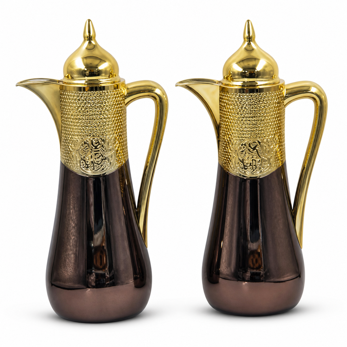 Coffee-brown metal flask gift set with gold lids, 0.7 L and 1.0 L