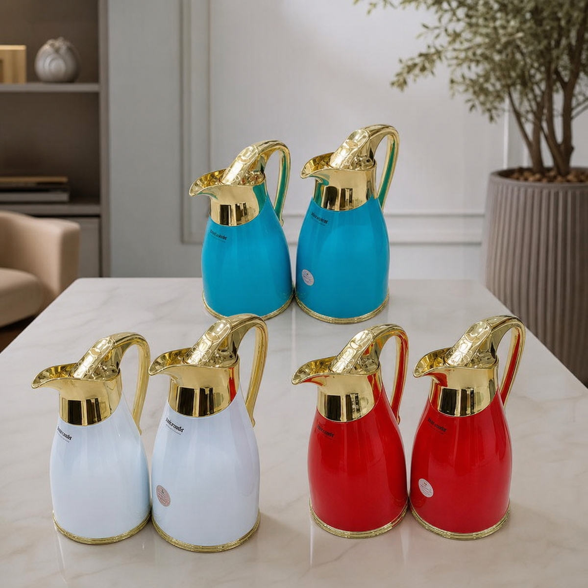 Assorted blue, white and red metal flask gift set with gold lids, 0.6 L and 1.0 L