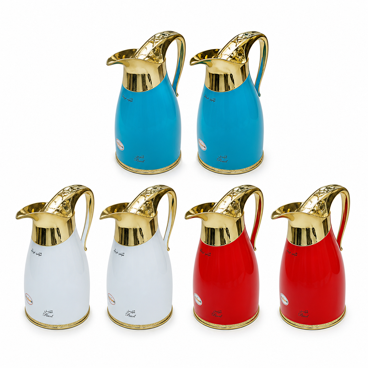 Assorted blue, white and red metal flask gift set with gold lids, 0.6 L and 1.0 L