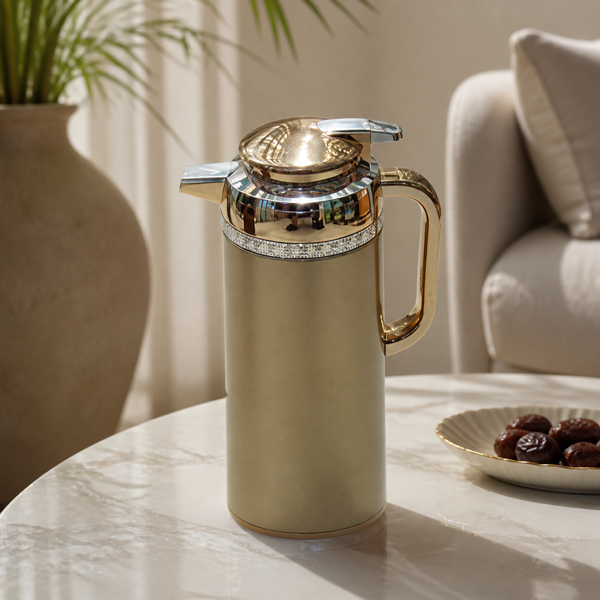 Gold-tone flask on a marble table, crystal-set band at the neck and plain gold handle