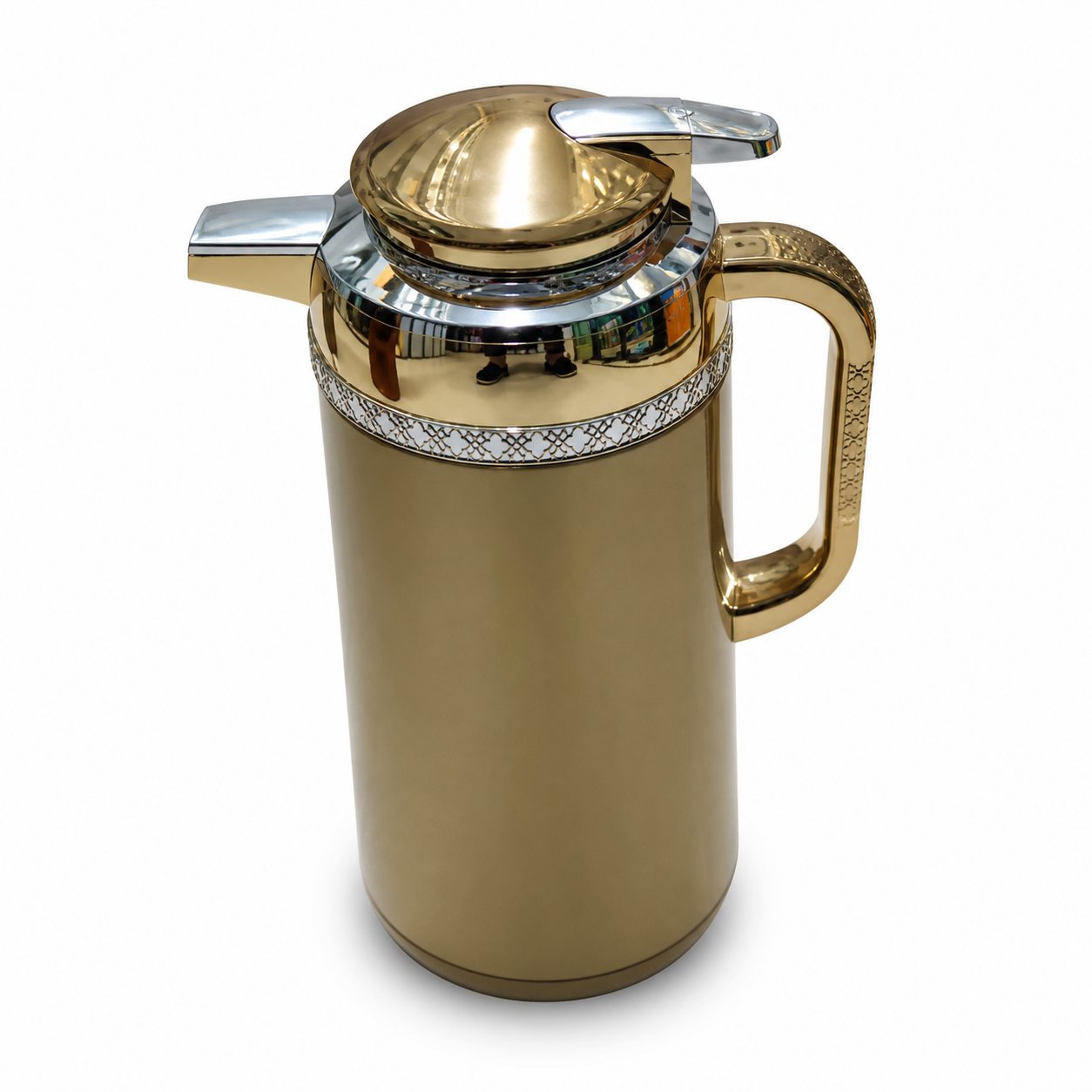 Gold-tone flask, 1.6 L, with mirror-silver collar and openwork lattice band at the neck