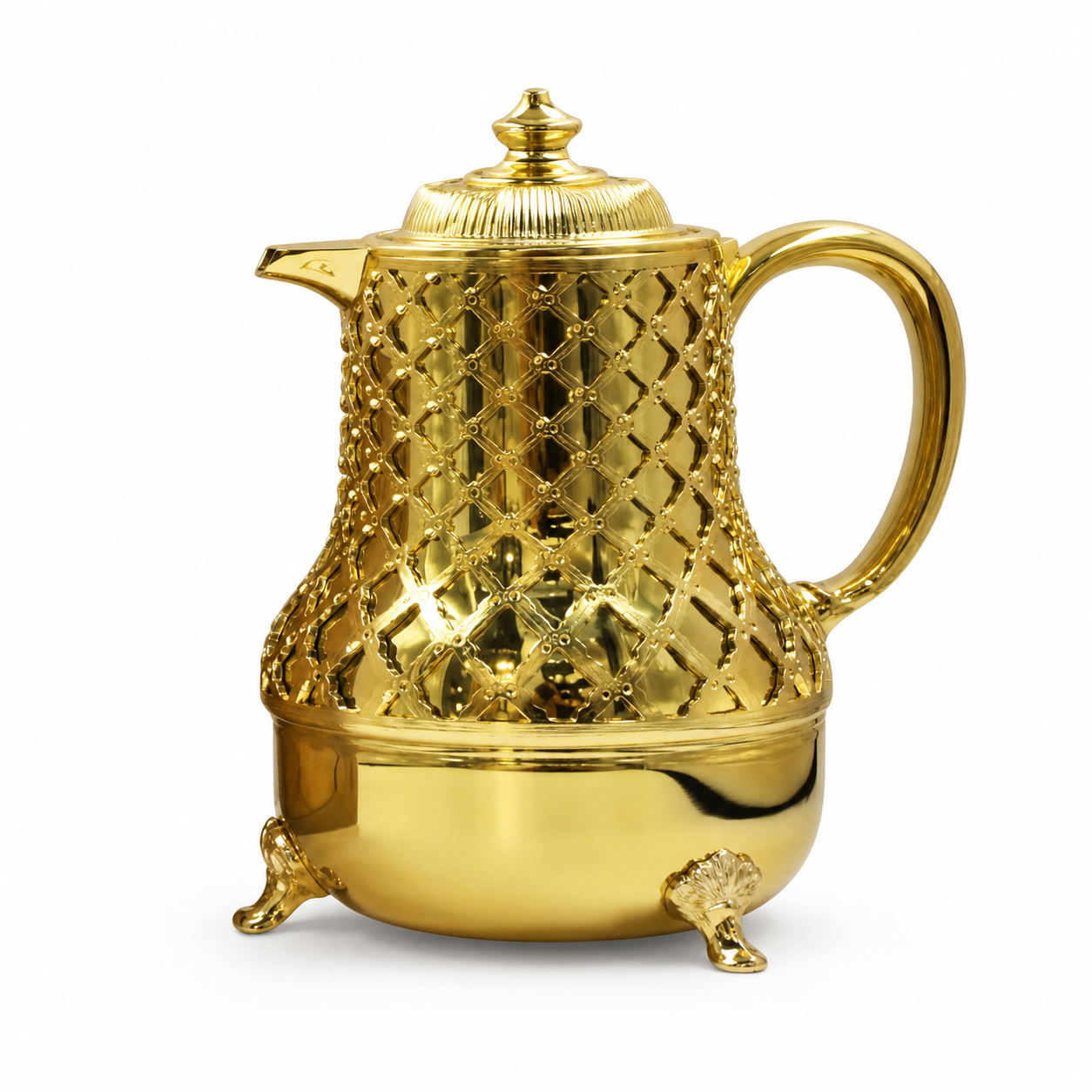All-gold flask with a raised beaded diamond lattice, curved handle and three fan-topped feet