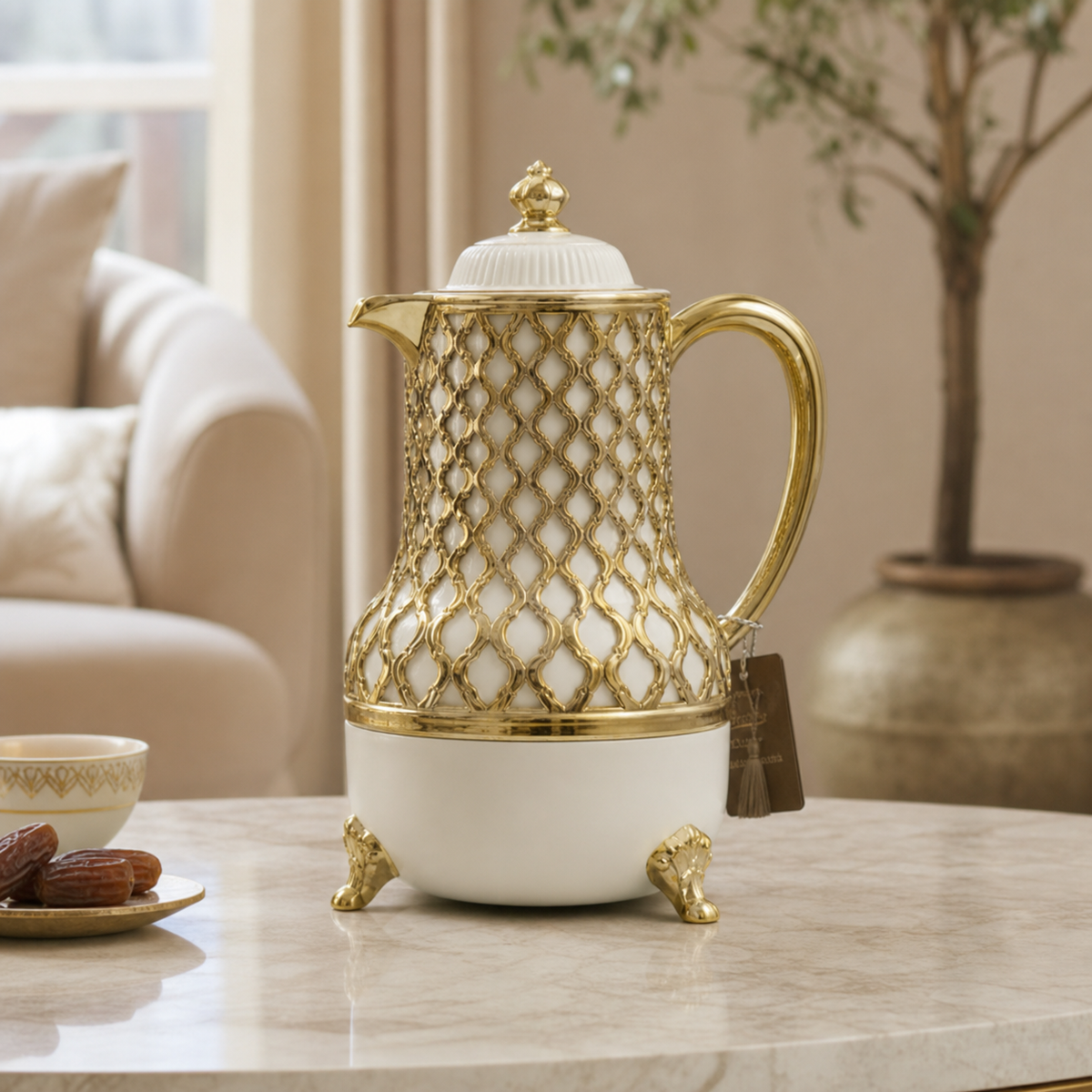 Cream-white and gold lattice flask on a marble side table beside a bowl of dates