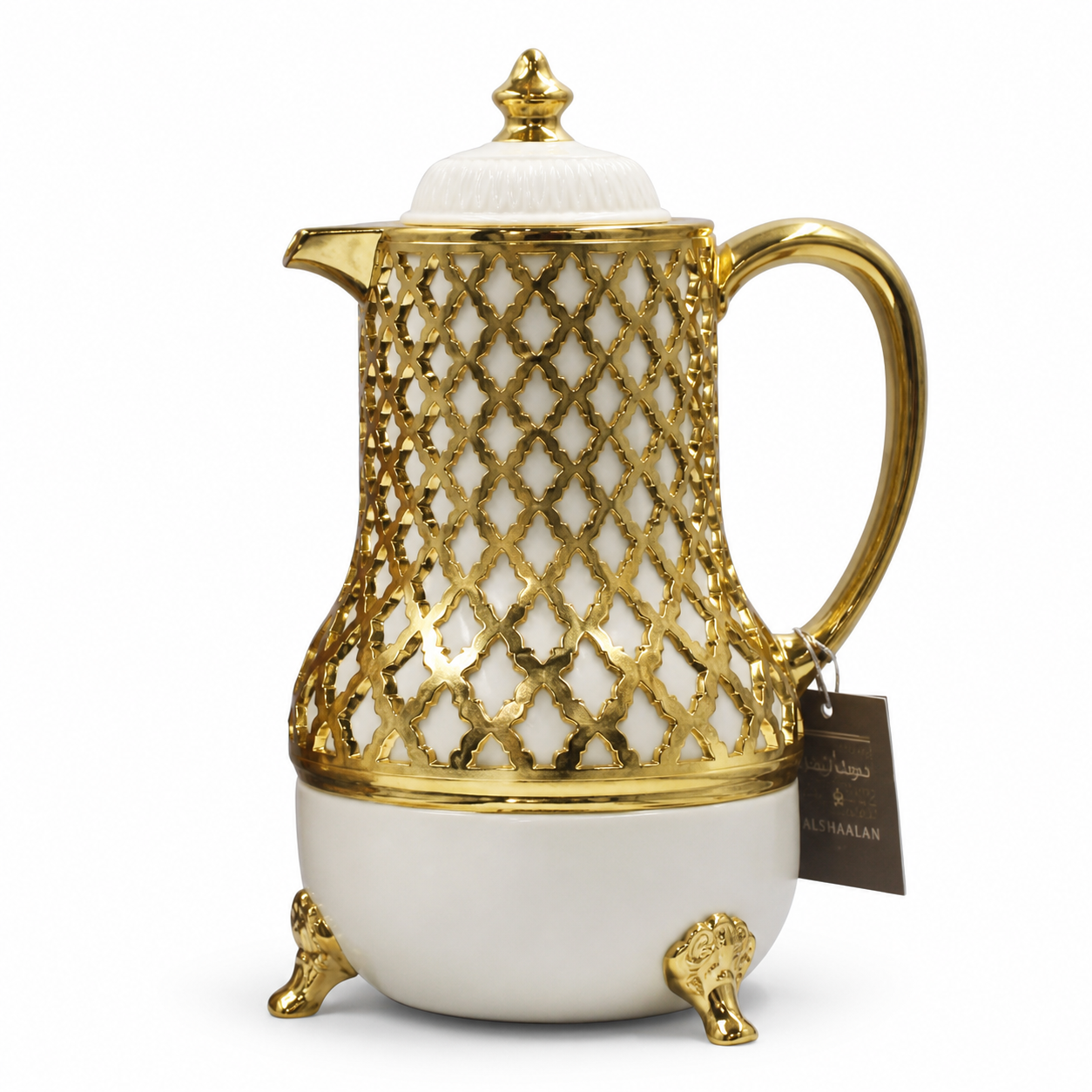 Cream-white flask under a pierced gold-tone lattice, with gold handle, spout, lid finial and three feet