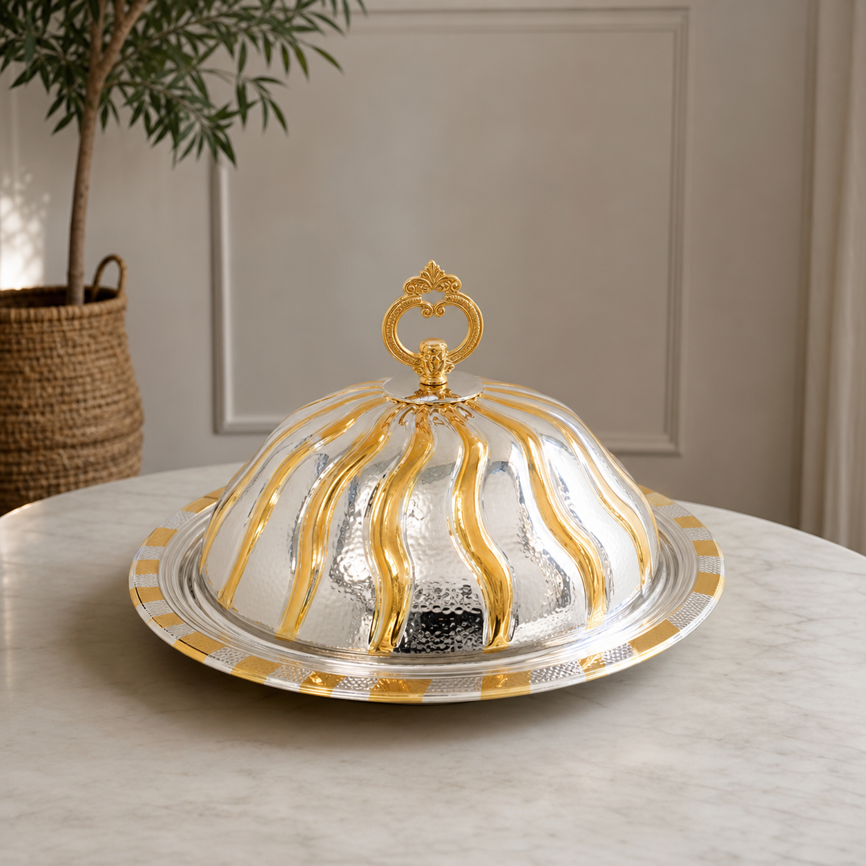 Covered stainless steel serving tray, 48 cm, silver with gold accents