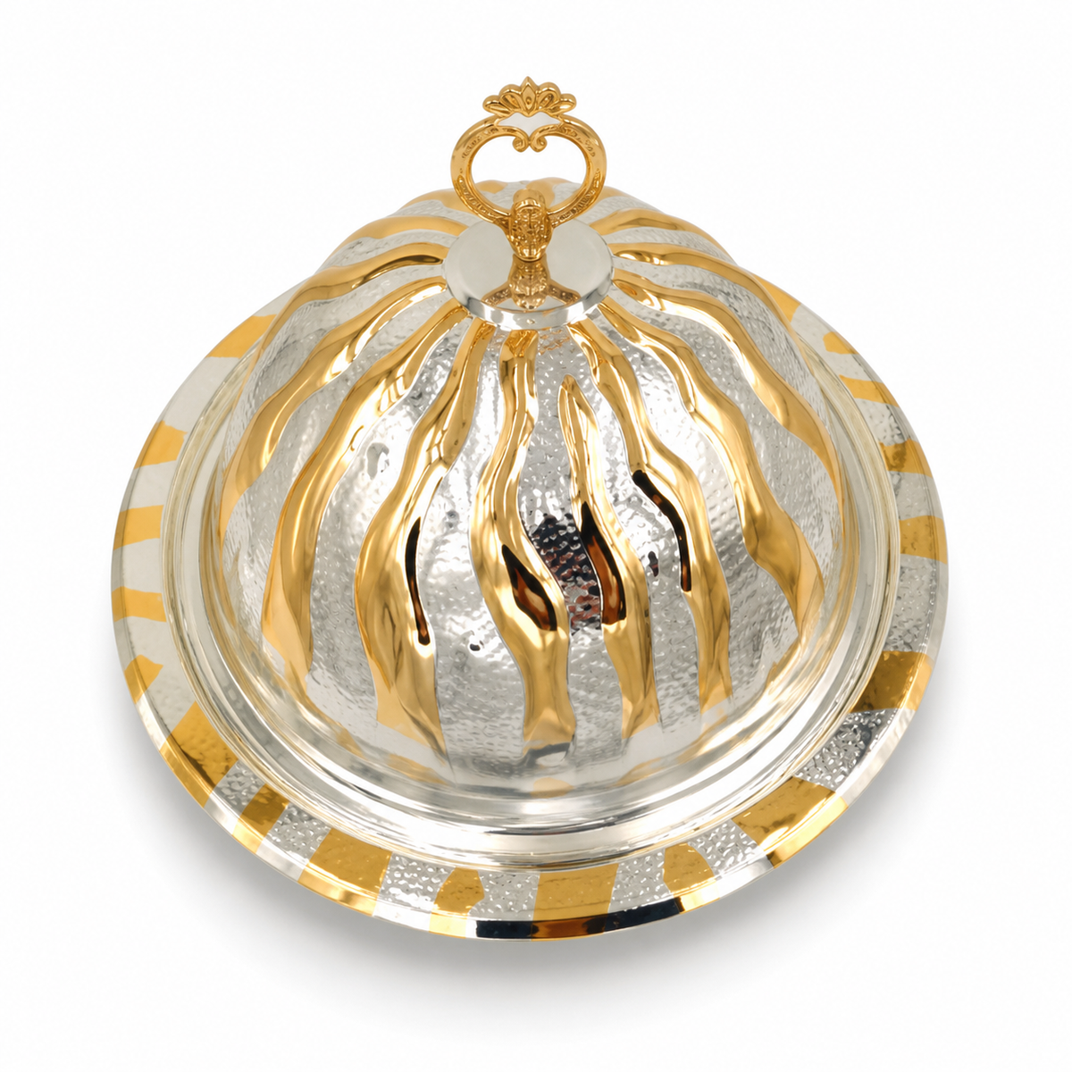 Covered stainless steel serving tray, 48 cm, silver with gold accents