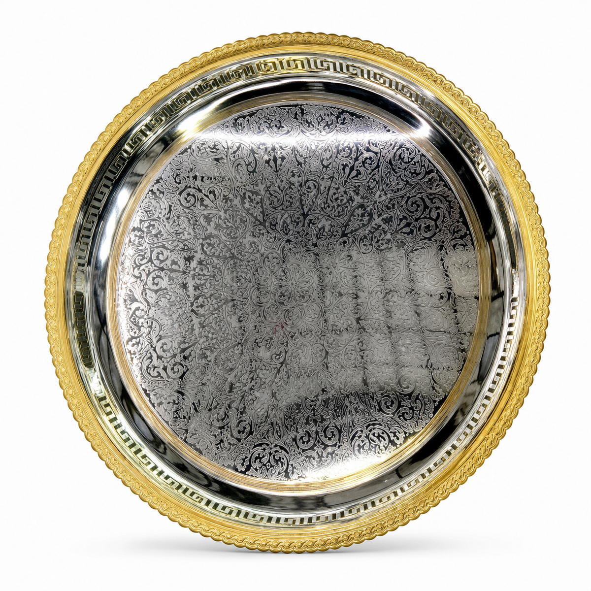 Round stainless steel serving tray, 43 cm, silver with gold rim