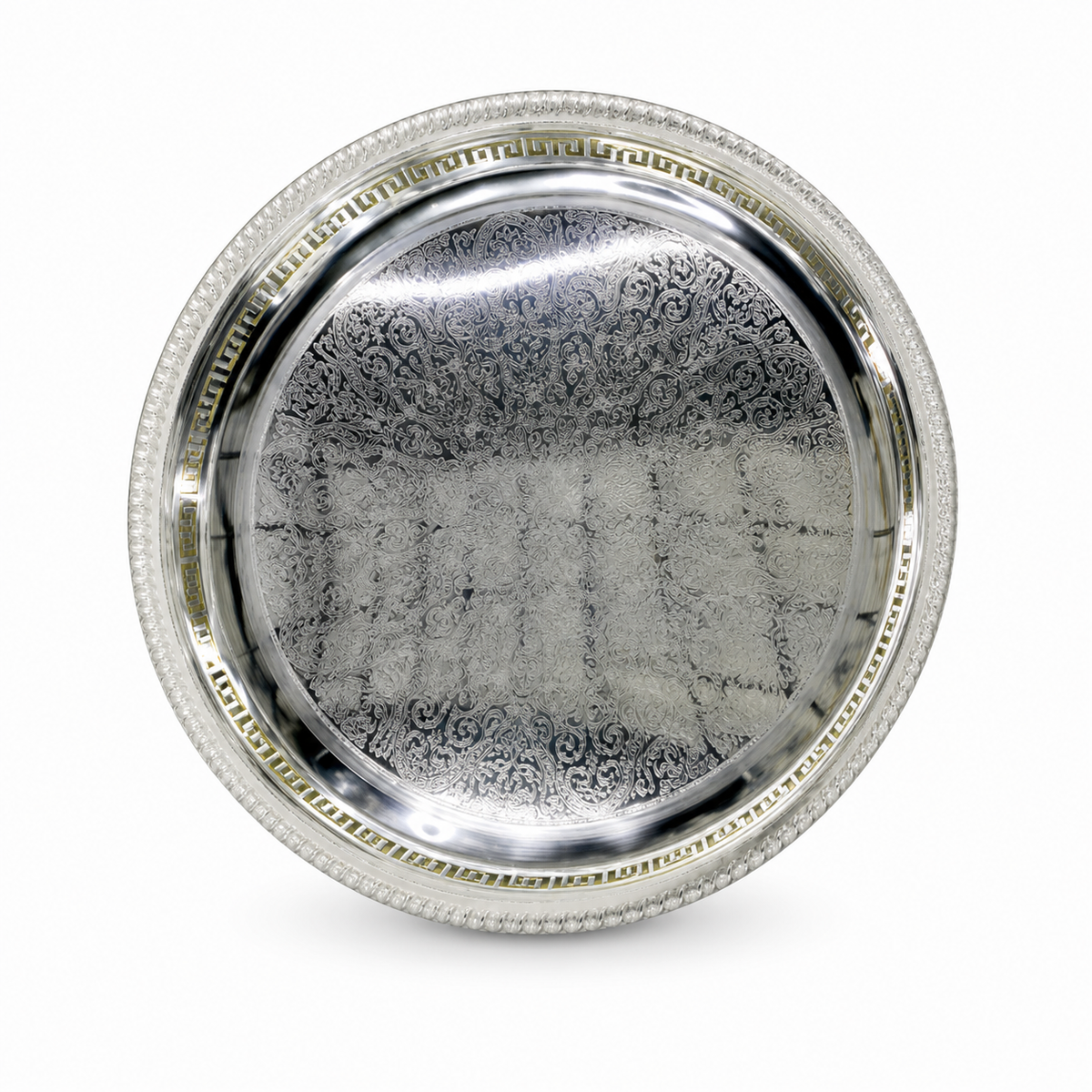 Round silver serving tray with a gold-toned pierced Greek-key band and engraved field
