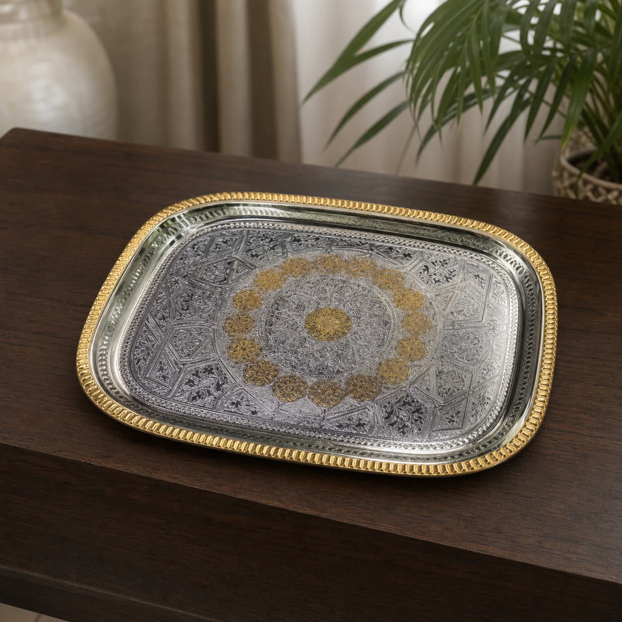 Rectangular silver serving tray with gold beaded rim, shown on a dark wooden table