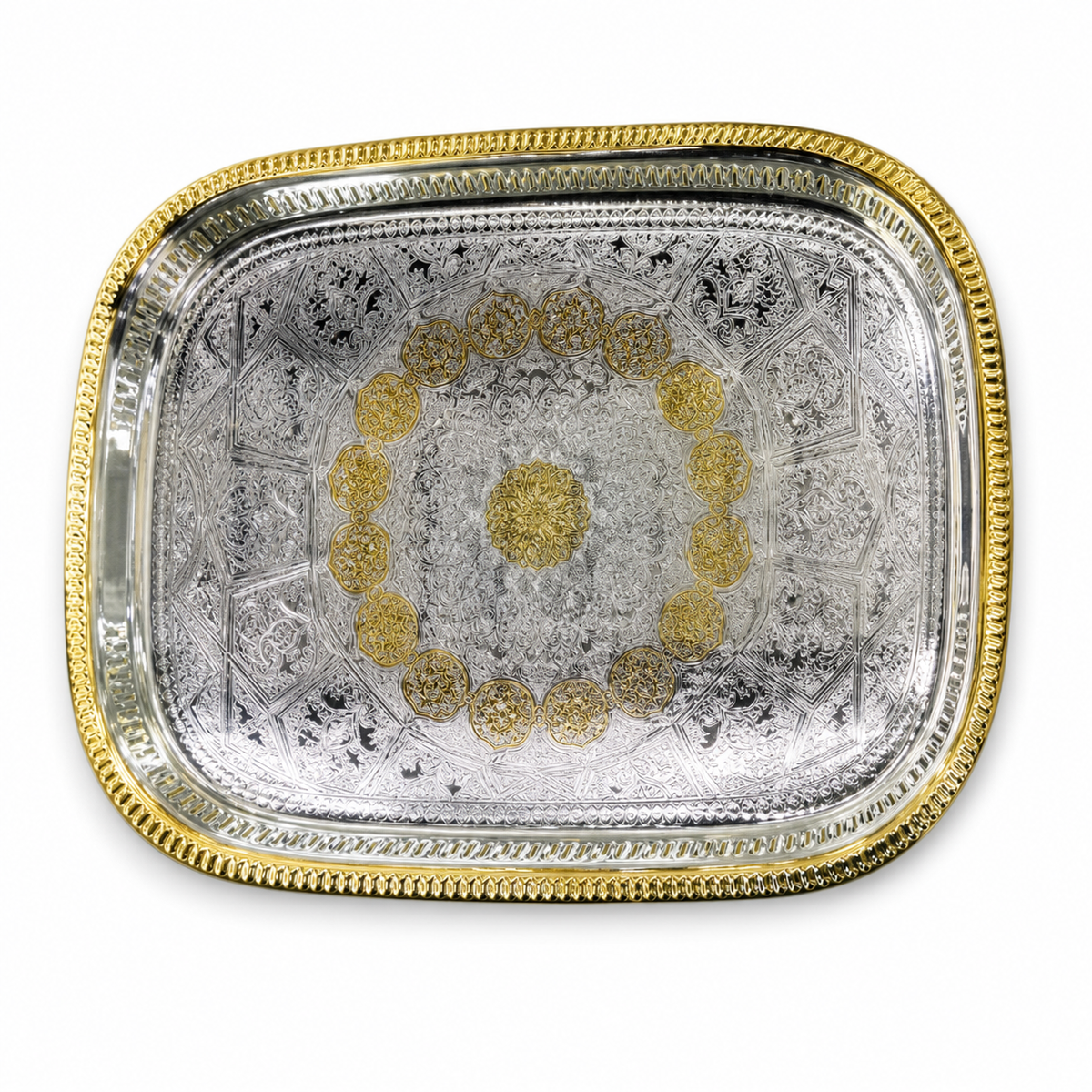Rectangular stainless steel serving tray, silver with a gold beaded rim and gold rosette centre
