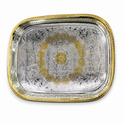 Rectangular stainless steel serving tray, silver with a gold beaded rim and gold rosette centre