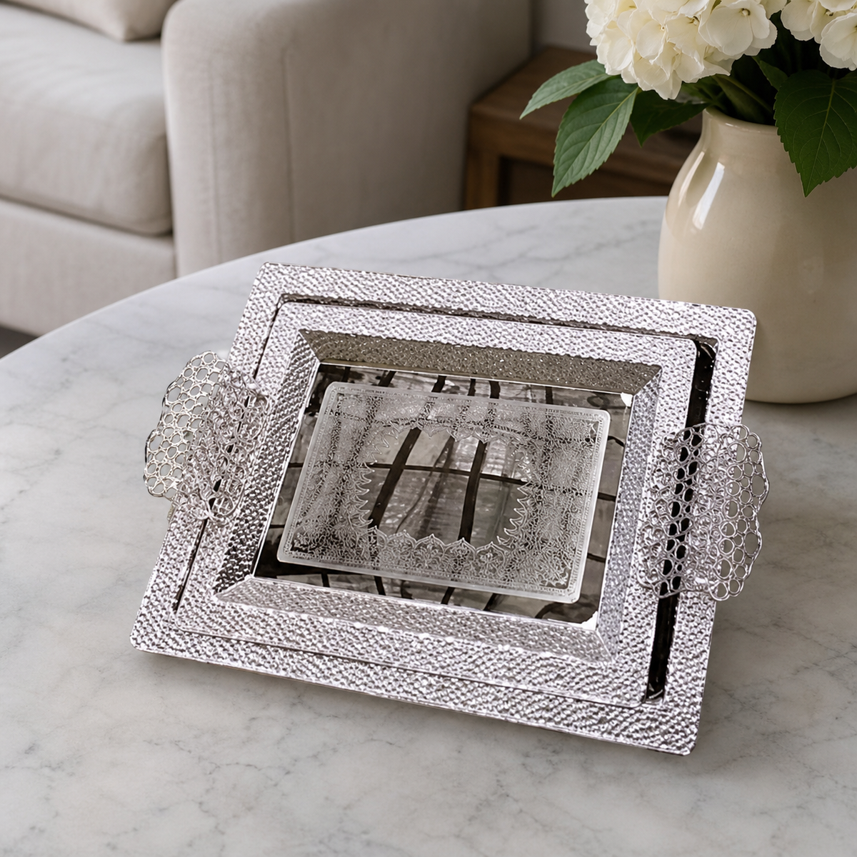 Silver stainless steel serving tray set, two pieces