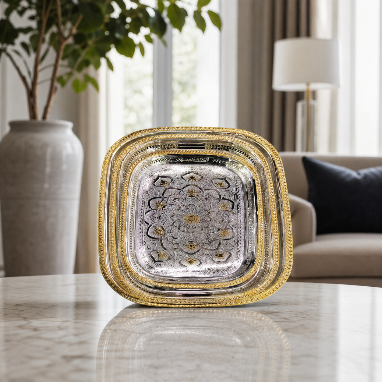 Square gold and silver stainless steel serving tray set, three pieces