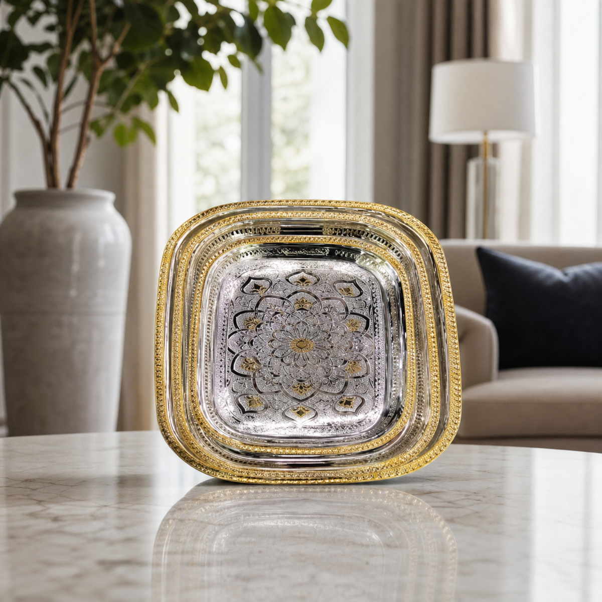 Square gold and silver stainless steel serving tray set, three pieces