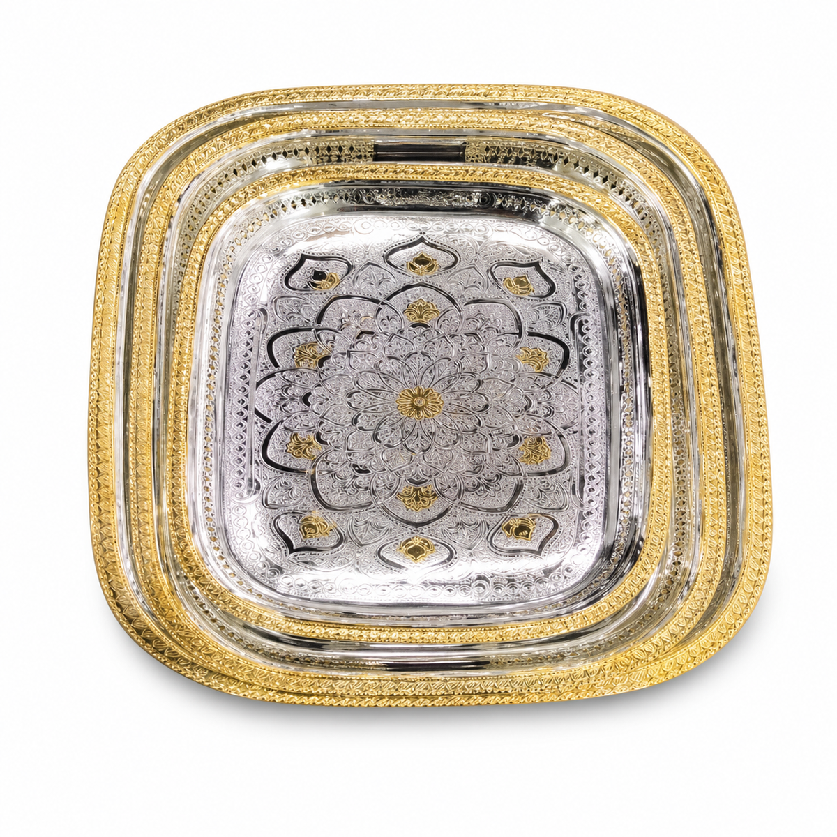 Square gold and silver stainless steel serving tray set, three pieces