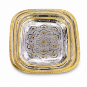 Square gold and silver stainless steel serving tray set, three pieces